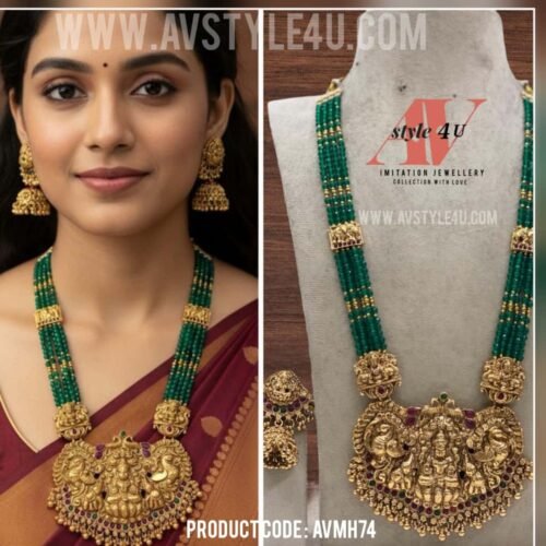 Green Beads Lakshmi Pendent Haram Jewellery on Sale