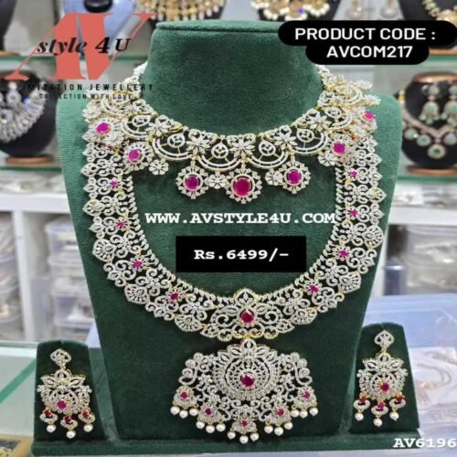 CZ DIAMOND FINISH CHOKER AND HARAM COMBO SET COLLECTION PRODUCT CODE -AVCOM217-6499 CZ Diamond Finish Choker & Haram Set