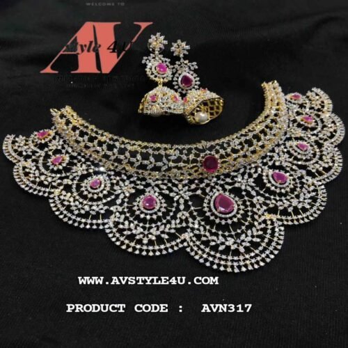 CZ DIAMOND FINISH CHOKER SET COLLECTION PRODUCT CODE -AVN317-4200 CZ Diamond Finish Choker Set