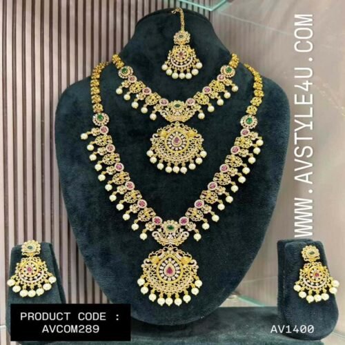 CZ Bridal Necklace And Haram Combo jewellery PRODUCT CODEAVCOM289- 1400 Elegant CZ Bridal Necklace & Haram Combo